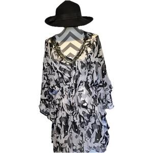Papaya Beach Cover Kaftan Dress Size L XL Black White Sheer Sequin Boho V Neck